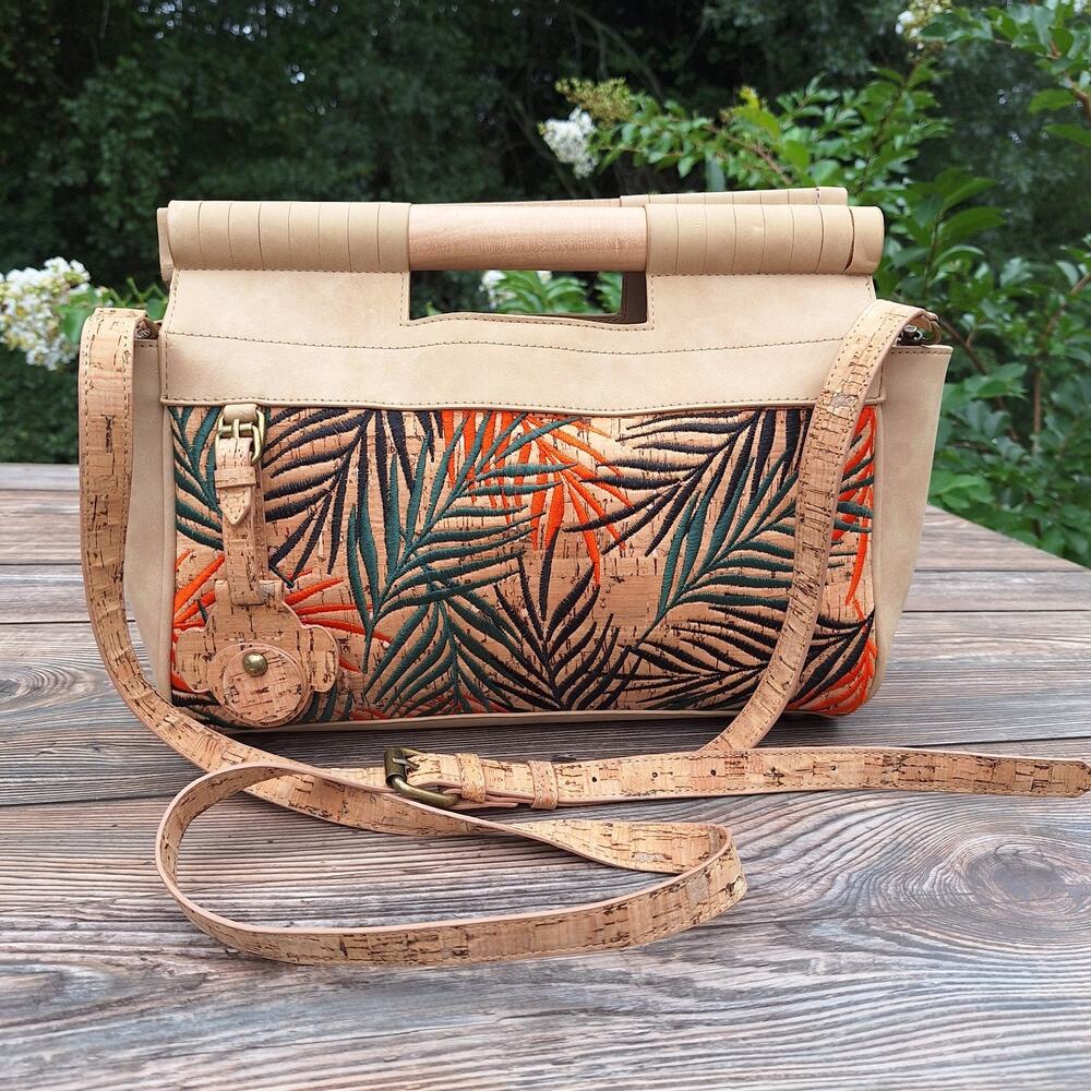 Naughty Monkey Tropical Palms Cork Crossbody Purse Embroidered Top Handle Bag